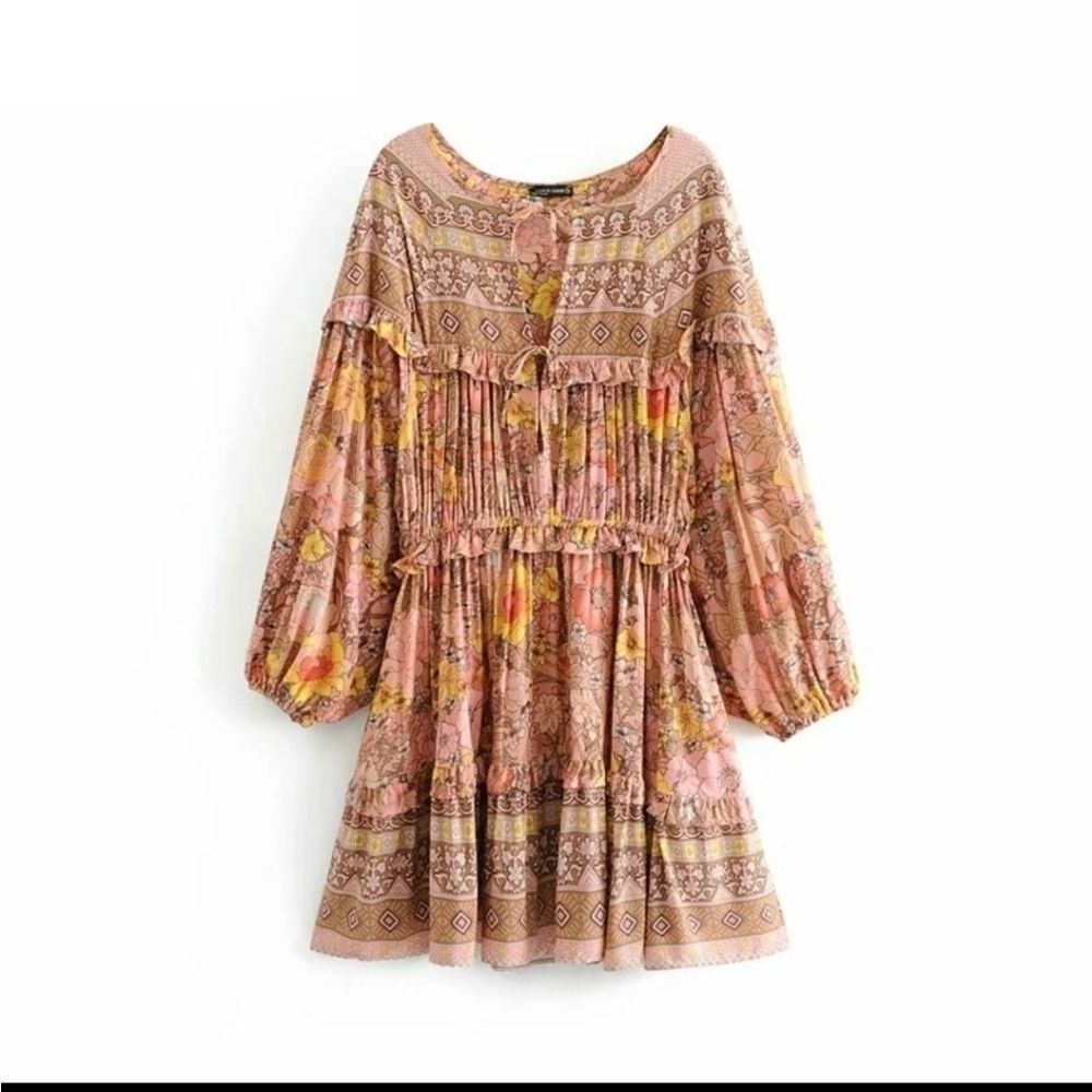 Gypsy Boho Floral Champagne And Pink Dress - Picture 5 of 14